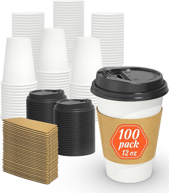 100 Pack 12 oz Disposable Coffee Cups with Lids and Sleeves, Sturdy Thick Paper & Leak-free Insulated to Go Paper Hot Coffee Cups for Hot & Cold Beverage