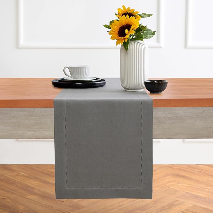 Solino Home Linen Steel Gray Hemstitch Table Runner 36 Inches - 100% Pure Linen Small Table Runner 14 x 36 Inch Ideal for Dresser and Coffee Tables, Spring - Classic Hemstitch