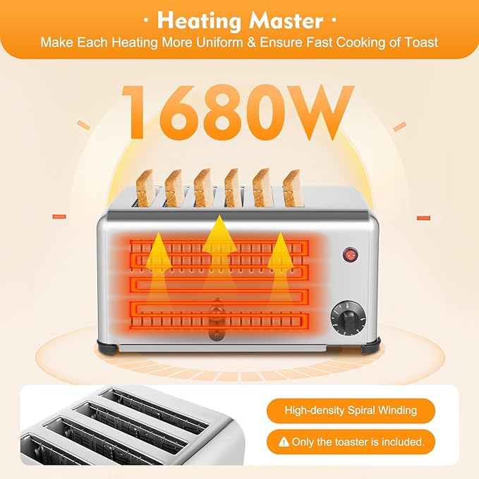 6 Slices Toaster with 5 Bread Shade Settings, Commercial Baking Machine, Wide Slot Stainless Steel Toaster 1680W 201 Stainless Steel for Various Bread Types