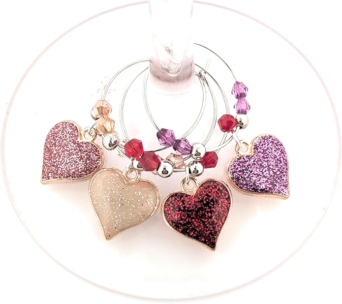 Valentine's Day Heart Wine Charms, Gift For Her, Heart Shaped Wine Charms, Glass Tag Identifiers, Party Favors - 4 Piece Set