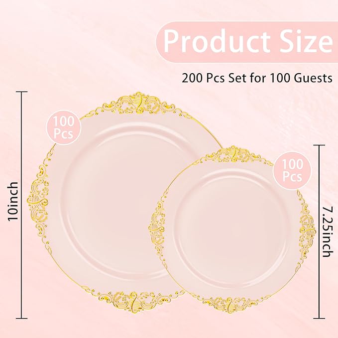200PCS Pink and Gold Plates - Pink Plastic Plates - Fancy Disposable Plate with Gold Rim - Vintage Wedding Dinner & Dessert Plate for 100 Guests for Wedding & Valentine's Day & Bridal Shower