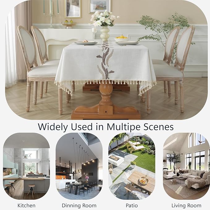 Alsoo Table Cloth Rectangle Table, Cotton Linen Tablecloth Waterproof, Boho Rustic Tables Cover with Tassel for Christmas Party Kitchen Dining Holiday Decorations (Beige, 90''x55'', 6-8 Seats)