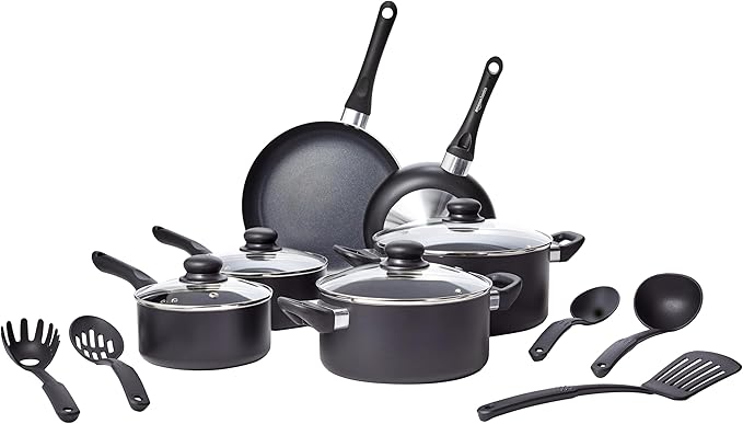 Amazon Basics Ceramic Non-Stick Cookware 15-Piece Set, Pots, Pans and Utensils, Black