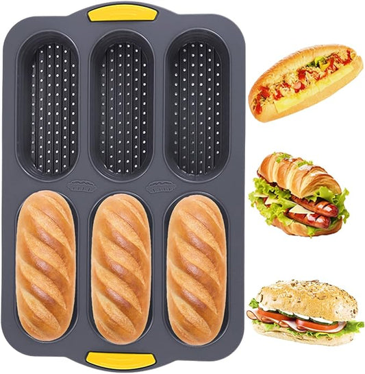 MUJUZE Hot Dog Bun Pan,6 Cavity Bread Loaf Pan,Silicone Hotdog Bun Mold,Nonstick & Heat proof Homemade Hotdog Bun Baking Pans,Sub Roll Baking Pans