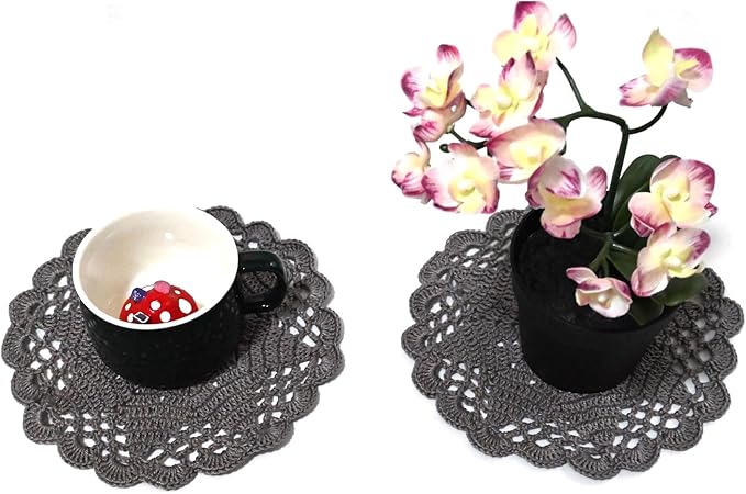 BIBITIME Handmade Crochet Round Lace Doilies Kitchen Table Placemats Wedding Tea Flower Vase Cup Mats (Dark Grey, 6" to 7",Pack of 2PCS)
