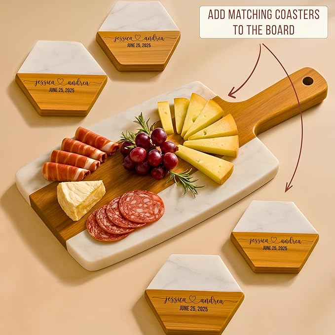 Personalized Cutting Board & 4 Coasters Set – Custom Acacia & Marble Charcuterie Boards, Weddings, Housewarmings, New Home Owners, Anniversary, Bridal Showers, Couples, Valentines Day Gifts for Her