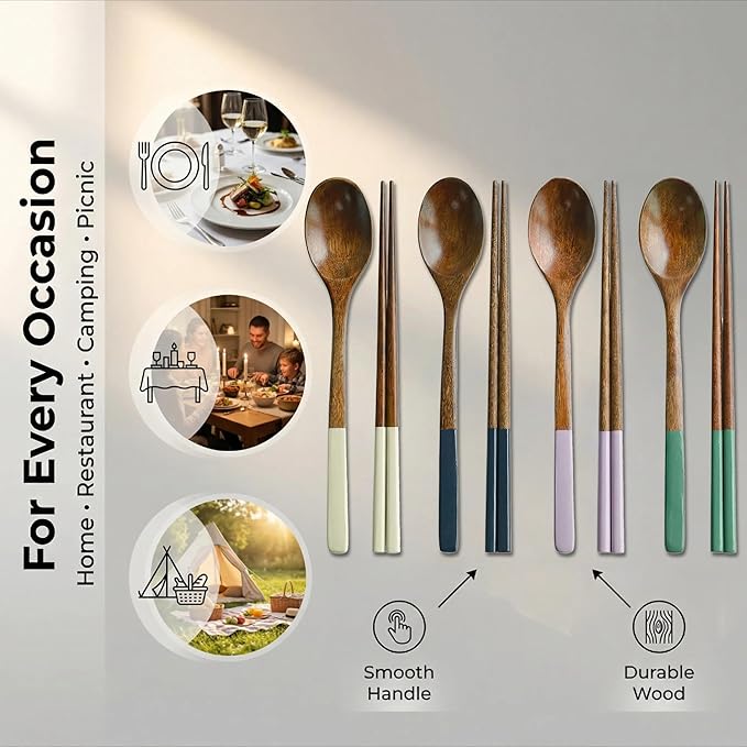 Handmade Wooden Cutlery Set by Diulazin - 4PCS Reusable Spoon and Chopsticks, High-Grade for Daily Use, Parties, Banquets, Buffets, Catering - Eco-Friendly, 9 Inch (Style B)