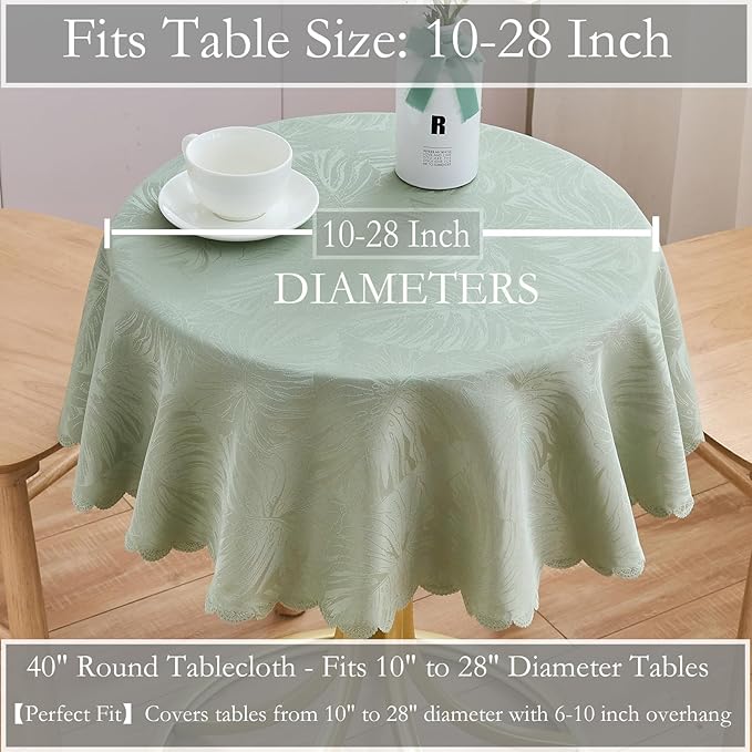 Round Tablecloth Green Small 40 Inch Table cloths Up to 26" Dia Tables Leaves Pattern Scalloped Edge Waterproof Washable Jacquard Table Cover-Kitchen Dining Room Tabletop Decor Coffee Bar