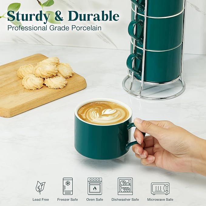 10 Ounce Green Porcelain Stackable Cappuccino Cups with Stainless Steel Holder, Set of 4, Durable Ceramic, Perfect for Home, Office or Gift