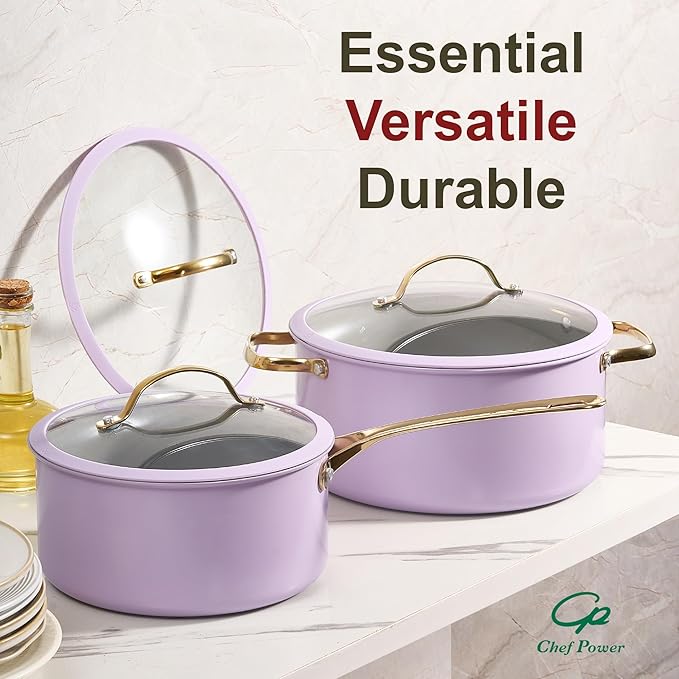 Chef Power Ceramic Cookware Sets, 10Pcs Pots and Pans Set Non Stick, Cookware Set with Stainless Steel Handle, Dishwasher & Oven Safe, Light Purple and Granite Grey