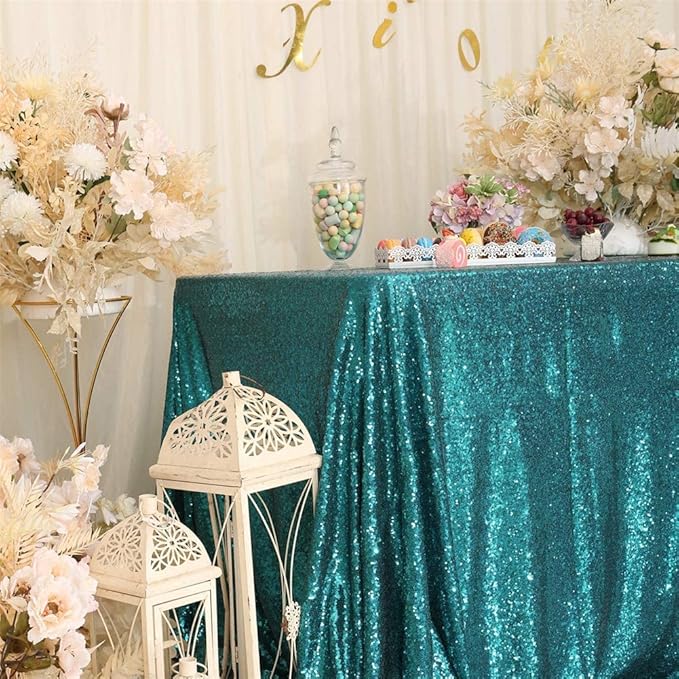 Eternal Beauty Teal Tablecloth, 60x120 Inch Sequin Rectangle Table Cover for Cake Dessert Exhibition Party Birthday Events