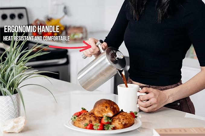 Barista Warrior French Press with Thermometer - Insulated Coffee Press - Stainless Steel Coffee Maker (1.0L | 34 fl oz) (Black)