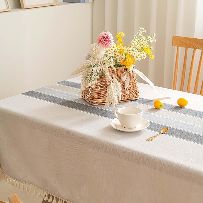 SIELUNO Farmhouse Tablecloth Cotton Linen Waterproof Burlap Table Cloth Rectangle Table Cloths for Kitchen Dinning Tabletop Decoration-Grey, Macaron Stripes-Rectangle, 55''x102'', 8-10 Seats
