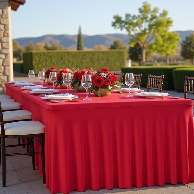 6 Pack Red Rectangle Tablecloth with Elastic Table Skirt – 6FT Fitted Spandex Table Cover, 72 Inch Wrinkle-Resistant & Stretchable for Christmas Wedding Banquet Party Buffet Restaurant