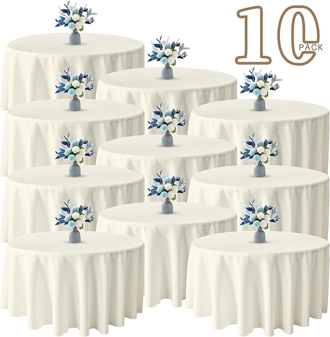 BIGTONE 10 Pack Ivory Round Polyester Tablecloth 120 Inch,Wrinkle and Stain Resistant Washable Polyester Fabric Table Cloth for Dining Room Kitchen Party, Ivory
