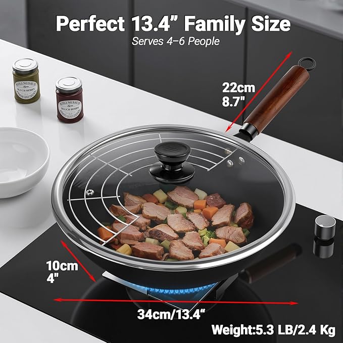 Carbon Steel Wok Pan, Nitrided Pre-Seasoned Round Bottom Woks & Stir-Fry Pans Nonstick, Chinese Wok with Glass Lid & Steel Rack for Gas for All Concave Stovetops, Gift for Chef - 13.4"