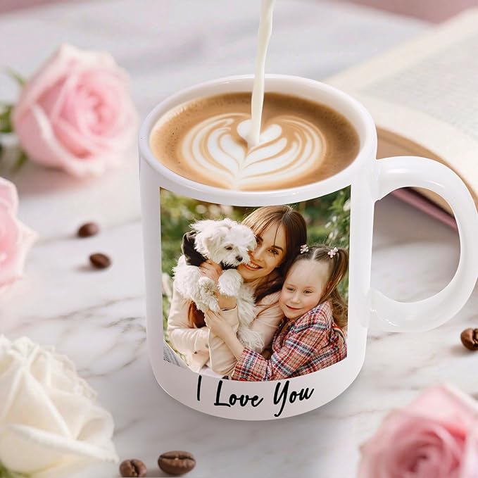 Custom Coffee Mug for Men Women, Personalized 11oz Ceramic Mug with Photo Text & Birth Flower,Customized Valentines Day Gifts for Him Her(1 Photo)