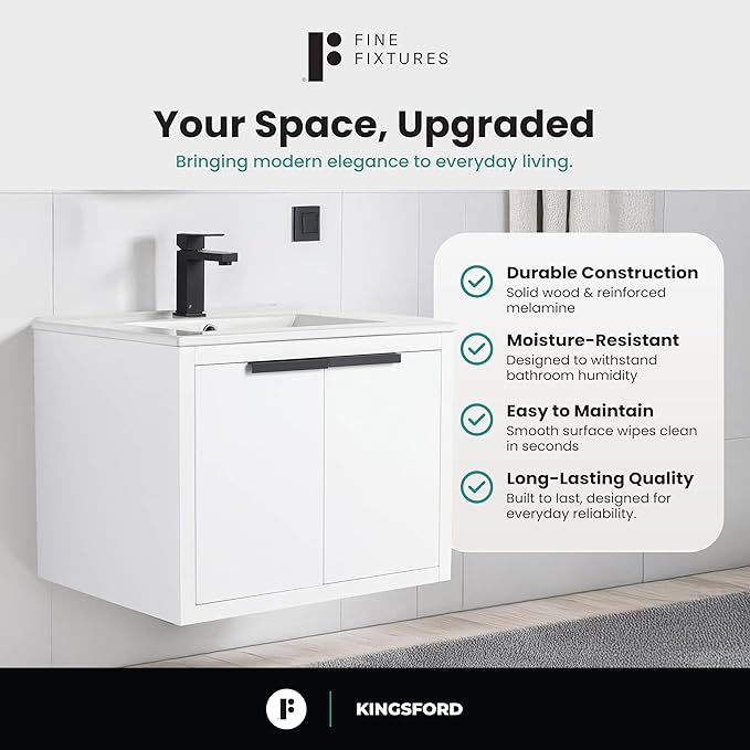 Fine Fixtures Kingsford Modern 24 Inch Bathroom Vanity with Sink, White Finish, Elegant Bathroom Vanities for Modern Homes, Stylish Storage Solutions for Bathrooms