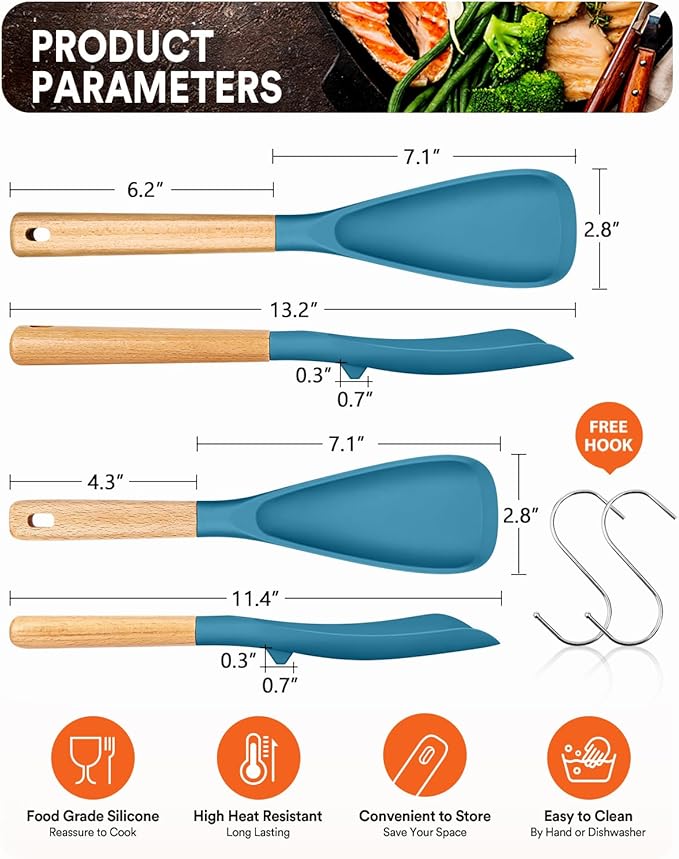 Multifunction Spoon for Nonstick Cookwares, Great for Cooking and Serving, Sturdy BPA-Free Matte Silicone, Wood Handle spoonula for Mixing, Scoop, and Scrape, Turquoise(2 pack,11.4" & 13.4")