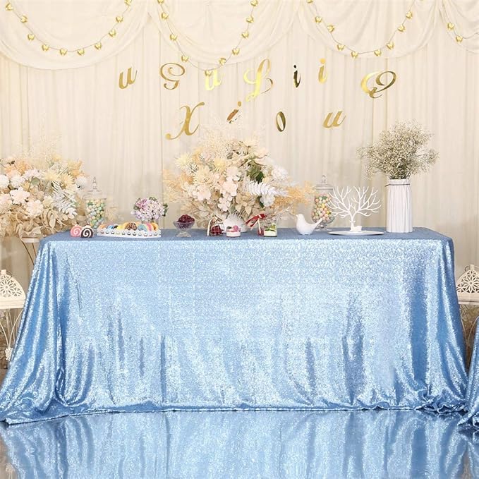 Eternal Beauty Baby Blue Tablecloth, 90x132 Inch Sequin Rectangle Table Cover for Cake Dessert Exhibition Party Birthday Events