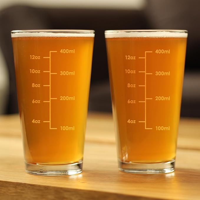 Bevvee Mixing Glass Measuring Cup - Pint Glass for Bar - Engraved Measurement Lines for Cocktails & Portion Control - Ounces and Metric - Set of 2-16 oz Glasses