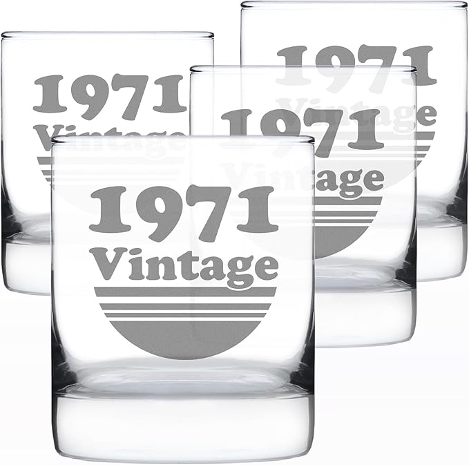 Bevvee Vintage 1971 Whiskey Rocks Glass - 55th Birthday Gifts for Men & Women Turning 55 - Old Fashioned Bday Decor - Set of 4-10.25 oz