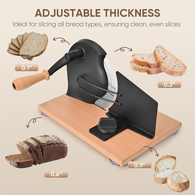 Manual Bread Slicer with Hand Crank, Classic Home Bread Slicer for Homemade Sourdough, Rotary Slicer with Adjustable Thickness, Premium Stainless Steel & Powerful Suction Cups (Black)