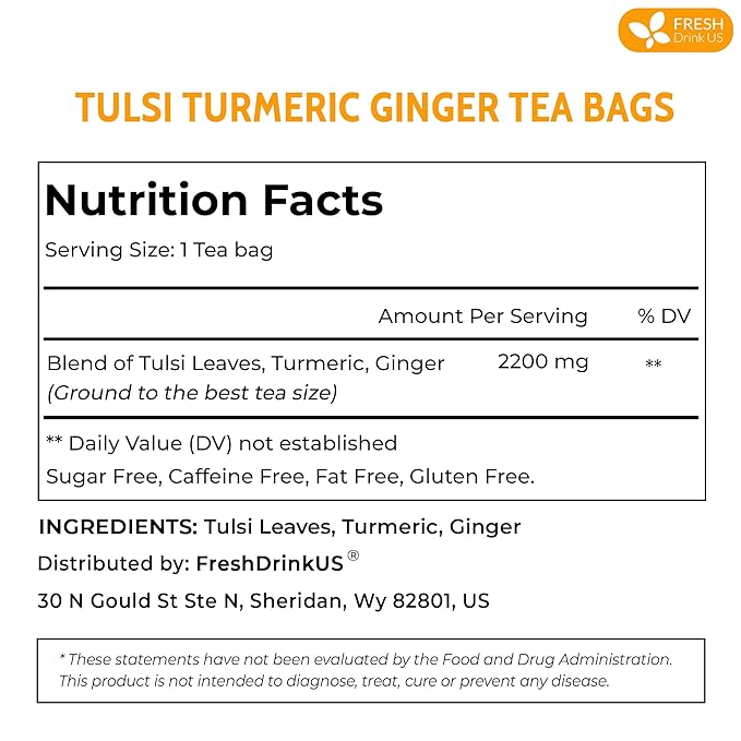FreshDrinkUS, Premium 75 Tulsi Turmeric Ginger Tea Bags, 100% Natural & Pure from Tulsi Holy Basil Leaves, Turmeric and Ginger. Made with Natural Material Tea Bags. No Sugar, No Caffeine, Vegan.