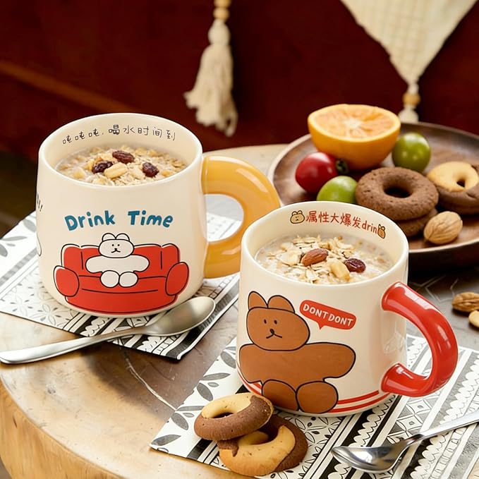 Ceramic Coffee Mugs Set of 2 16 oz (460 ml) Coffee Cups with Handle & Cartoon Stickers- Large & Heartwarming Novelty Big Mug for Women, Men, Great for Hot Coffee or Tea