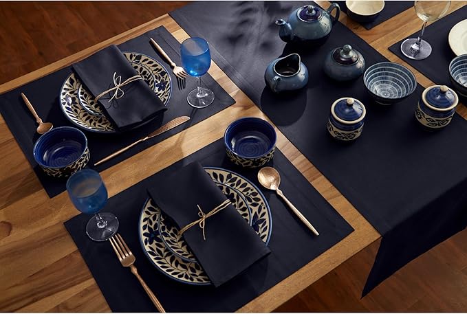 Solino Home Navy Blue Table Runner 156 Inches Long - Dru Cotton Linen Dining Table Runner 14 x 156 Inch for Winter - Handcrafted and Machine Washable