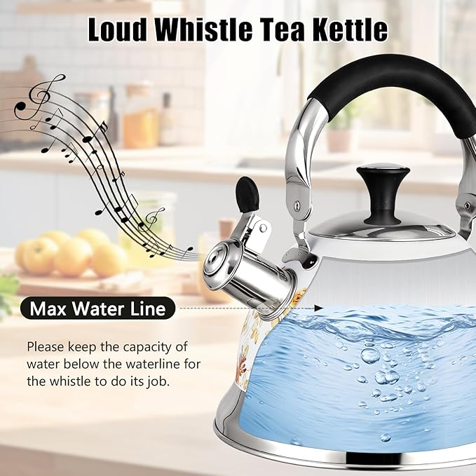 Stainless Steel Whistling Tea Kettle Stovetop - 3.1QT Tea Pot for Stove Top, Vintage Floral Print, Foldable Handle, 304 Stainless Steel Interior Teatop for Tea, Coffee, Party & Gift