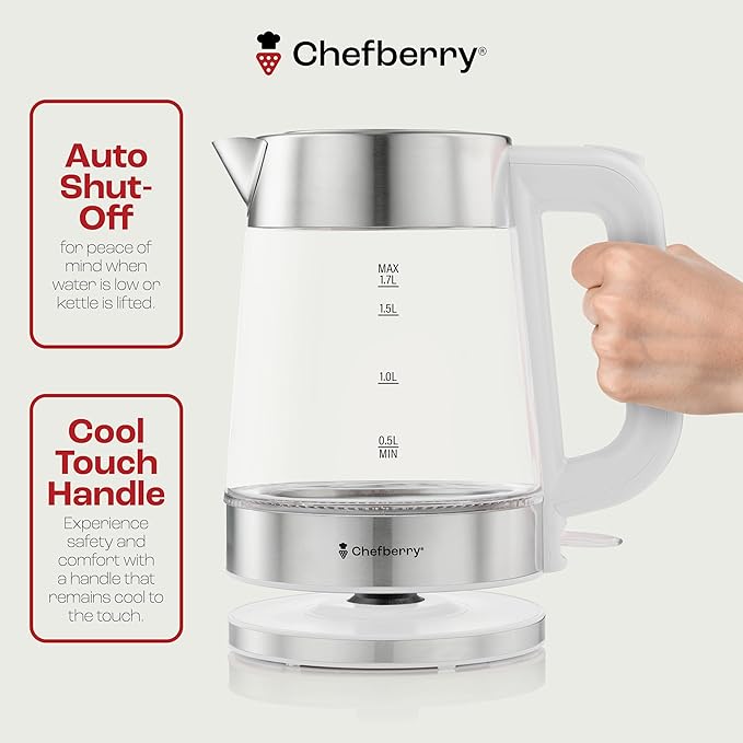 Electric Kettle for Boiling Hot Tea & Water | 1.7L Stainless Steel Borosilicate Glass Boiler With No Plastic, Automatic Shutoff, BPA Free, Fast Heating Technology (White)