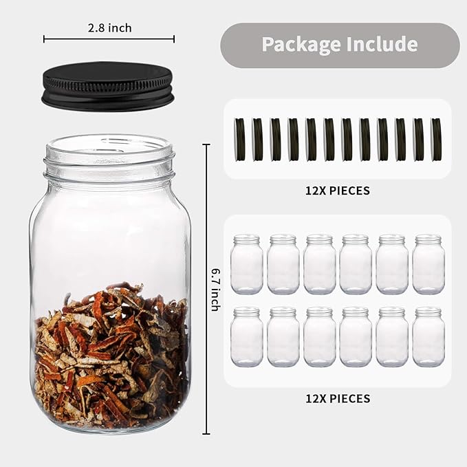 novelinks 32 oz Plastic Mason Storage Jars with Lids, 12 Pack BPA-Free Clear Plastic Jars with Lids 32oz, Leak-Proof Plastic Quart Containers for Kitchen and Home Use (Black)