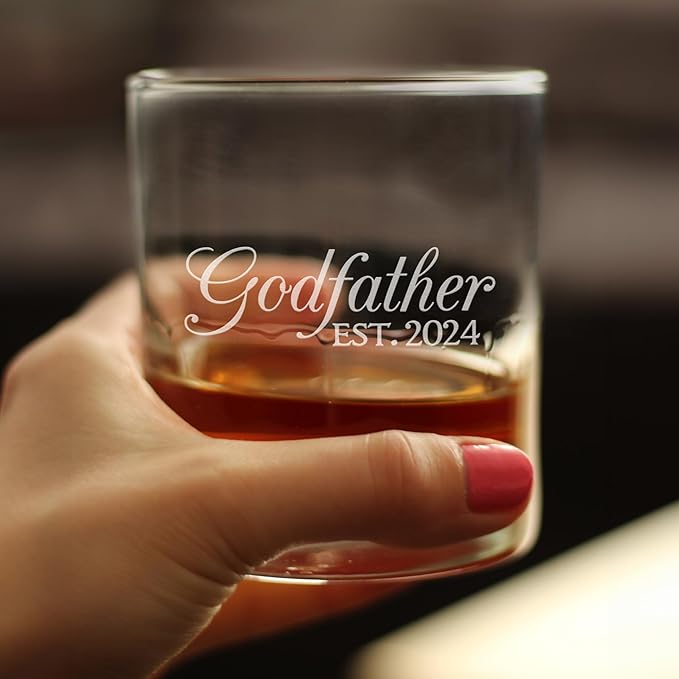 Bevvee Godfather Est 2024 - New Godfather Whiskey Rocks Glass Proposal Gift for First Time Godparents - Set of 4 - Decorative 10.25 Oz Glasses