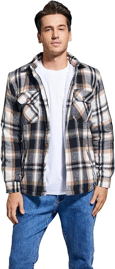 Men's Cotton Sherpa Lined Button Down Flannel Shirt Jacket Plaid Soft Outdoor Flannel Jacket Shirt