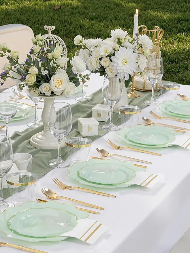 WDF 175Pcs Sage Green Plastic Plates With Gold Rim - Disposable Sage Green Plates 25guest Disposable Dinnerware Ideal for Party/Wedding/Spring Party/Easter