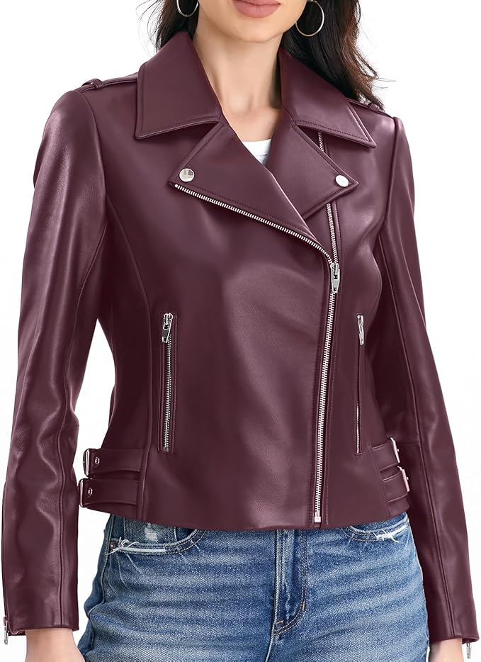 SILVER FASHIONS Lambskin Leather Jacket Women,Motorcycle Jacket,Asymmetrical Zip Style,Buckle Belts,Quilted Details