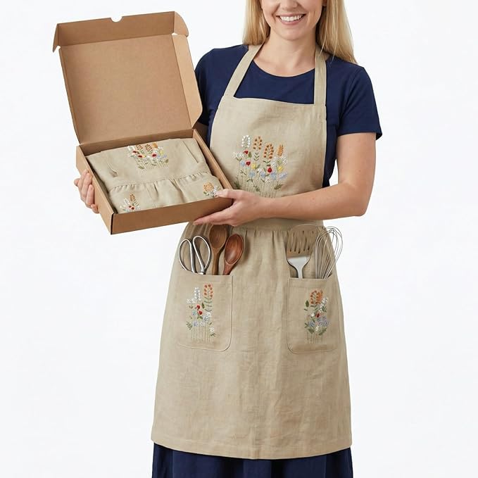 Linen Apron with Hand Embroidered Floral Design, Natural Fabric Apron for Kitchen, Linen Apron with Pockets, Cooking, Baking, Gardening, Florist, Elegant Gift for Women, Chefs, Artists