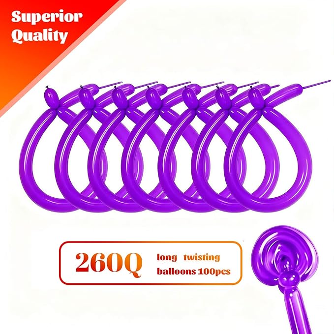 KAWKALSH 260 Purple Long Balloons for Balloon Garland Thickening Skinny Latex Twisting Animals Modeling Christmas Birthday Wedding Party Festival Decorations 100pcs