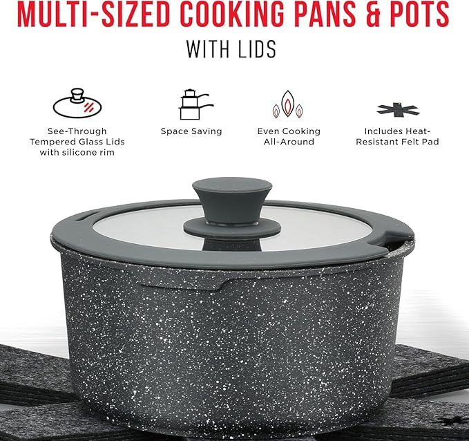 Kitchen Cookware Set - Nonstick Granite Coating, Pots and Pans with Handles and Tempered Glass Lids, PFOA, PFOS, PTFE Free, Ceramic Max Temperature (Up To 500° F), Set of 15 - Dark Gray