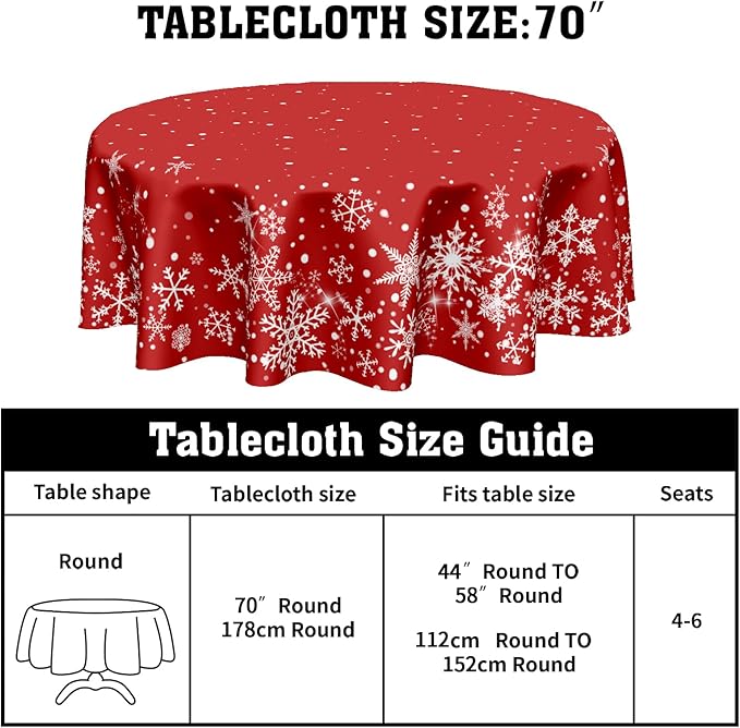 Red Christmas Snowflake Tablecloth Round 70 Inch Xmas Holiday Theme Circle Table Cloth Winter Decorative Table Cover for Kitchen Dinner Home Decor
