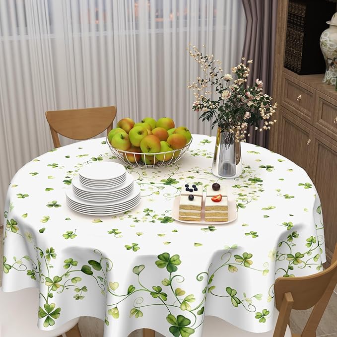 St. Patrick's Day Tablecloth Round 60 Inch Green Shamrock Circle Table Cloth Spring Holiday Lucky Clover Table Cover for Party Kitchen Dinner Home Decor