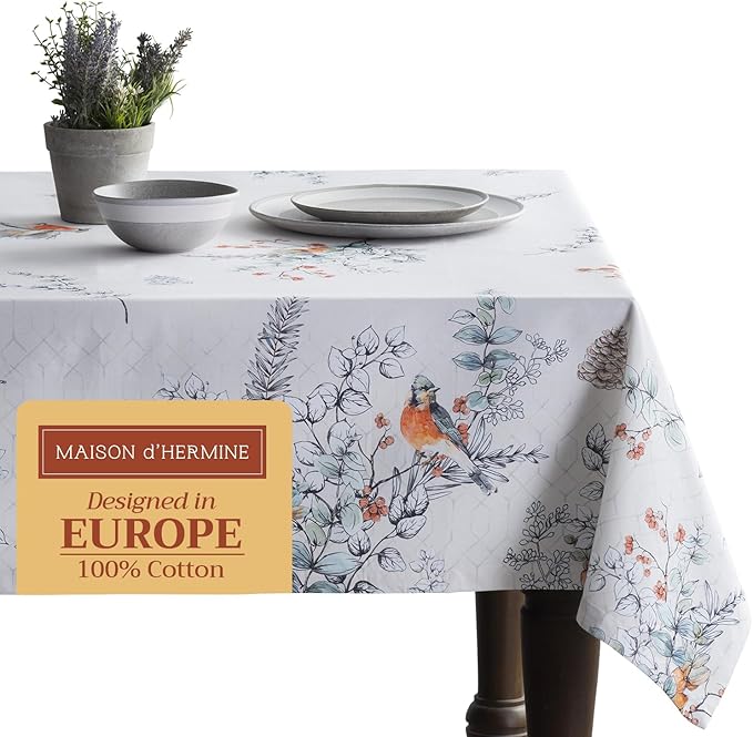 Maison d' Hermine Table Cloth Rectangle Table 100% Cotton 60 x 120 Inches Fall Tablecloth Reusable Everyday Use for Thanksgiving Christmas Decorations Dining Farmhouse Party (Whitish Shabby Chique)