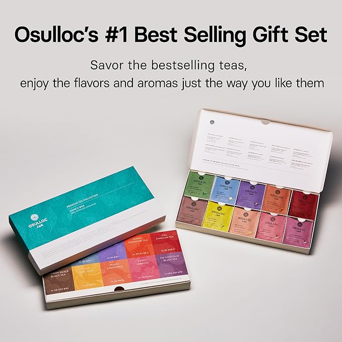 OSULLOC Premium Tea Collection (40 count, 10 flavors x 4 ea), Self Care Sampler Gift Box, Premium Organic Pure & Blended Tea from Jeju