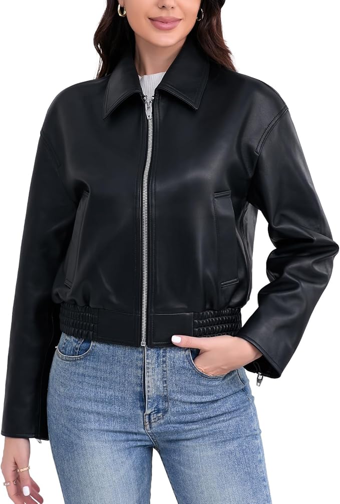 SILVER FASHIONS Leather Jacket Women,Cropped Lambskin Bomber Jacket,Removable Sherpa Collar, Zip Front, Elasticized Hem