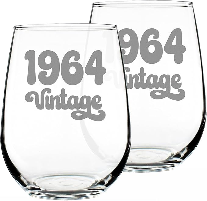 Bevvee Vintage 1964 Stemless Wine Glass - 62nd Birthday Gifts for Women & Men Turning 62 - Bday Party Decor - Set of 2 - Large 17 oz
