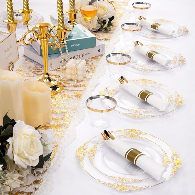 Nervure 175PCS Clear Gold Plastic Plates - Disposable Gold Party Plates & Pre Rolled Napkins with Cutlery for 25 Guests, 50Plates, 75Silverware, 25Cups, 25Napkin for Wedding & Party