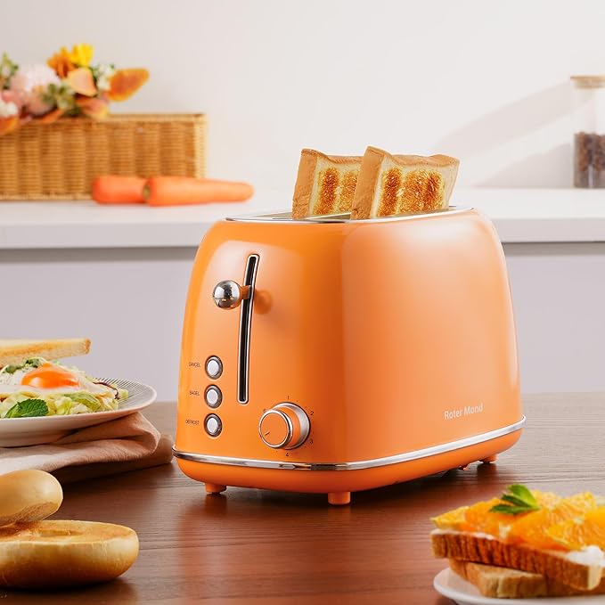 Roter Mond 2 Slice Toaster Retro Stainless Steel with Bagel, Cancel, and Defrost Functions, 6 Bread Shade Settings, Extra Wide Slots and Removable Crumb Tray, Orange