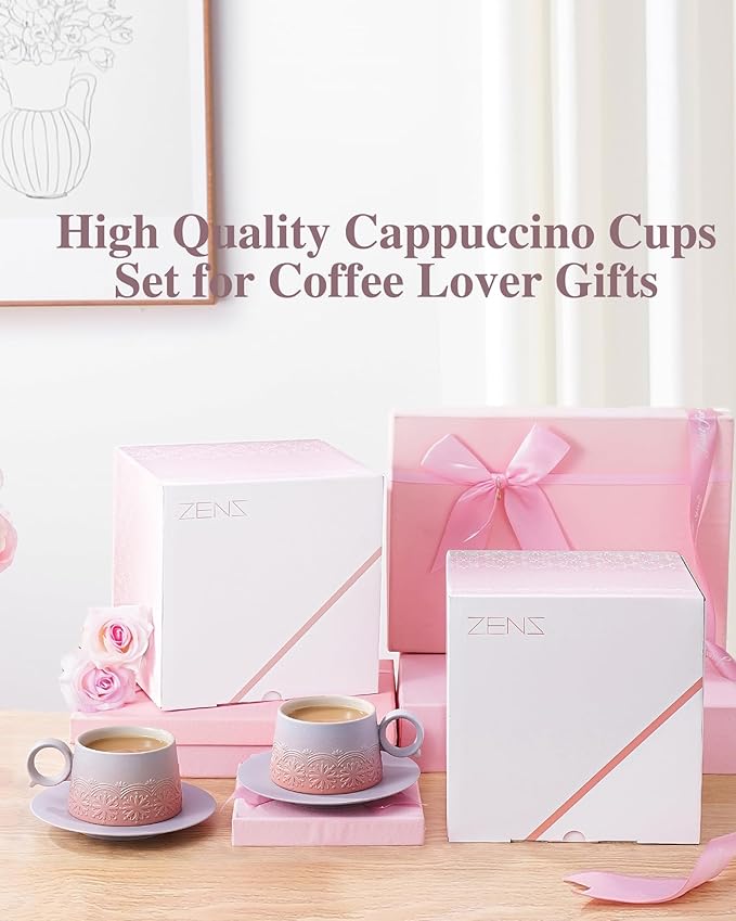 ZENS 7.3 Ounce Cappuccino Cups Set of 2, Artistic Embossed Ceramic Cappuccino Coffee Cups and Saucers, Double Espresso Cups Set of 2 for Au Lait, Matcha Latte or Tea, Women Gifts, Grey Pink