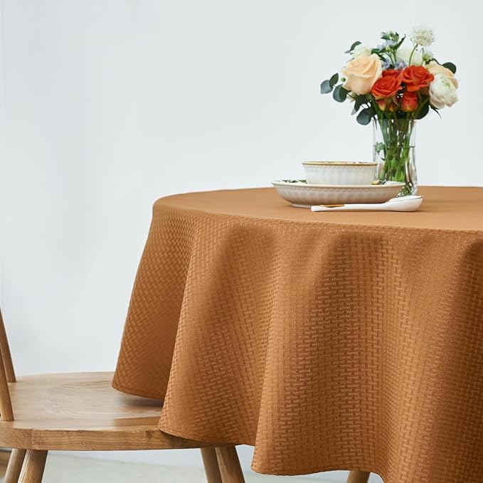 maxmill Fall Tablecloth Weaved Texture Design Stain Resistant Waterproof Anti-Shrink Spillproof Washable Soft Table Cloth for Dining Room Harvest Thanksgiving Parties, Round 70 Inch, Amber